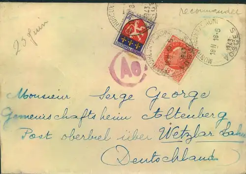 1943, Zwangsarbeiterbrief ab "MONTHUREEUX (SAON)" in das Gemeinschaftsheim Altenberg in Wetzlar