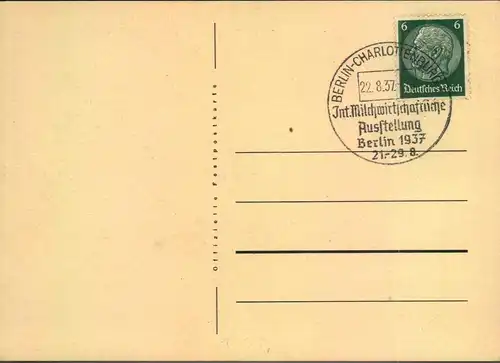 1937, Festpostkarte blanko mit SSt "Int. Milchwirtschaftliche Ausstellung"