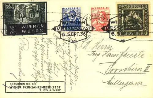 1937, Karte mit SSt "WIEN MESSEPALAST" und Vignette zur "WIENER FRÜHJAHRSMESSE 1937"