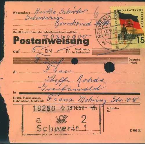1959, 15 Pfg. "10 Jahre DDR" auf Postanweisung ab SCHWERIN 1