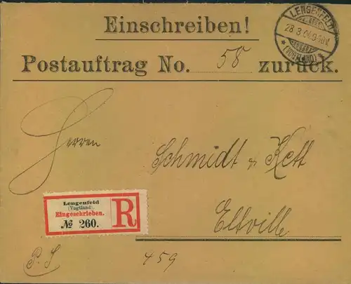 1904, Postauftrag zurück ab LENGENFELD (Vogtland), selten