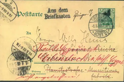 1908, GSK ab DRESDEN in Ort adressiert nach gesandt nach Eibenstock mit Nebenstempel "Aus dem Briefkarten"