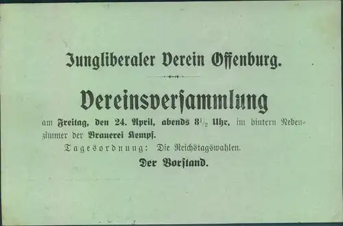 1903, 2 Pfg. Ganzsachenkarte mit Zudruck "Jungliberaler Verein OFFENBURG"