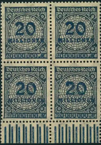 1923, 20 Millionen Korbdeckel schwarzblau im postfrischen Unterrand-Viererblock, teifst geprüft