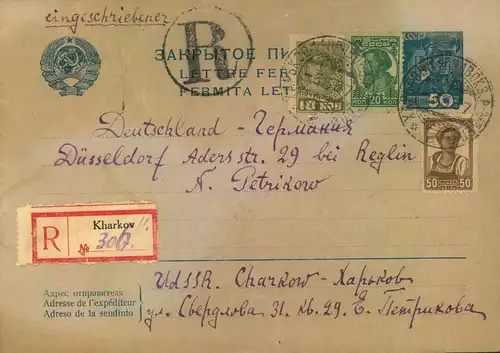 1937, registered stationery envelope from "KHARKOW"  with "R"-label with latin inscription to Düsseldorf