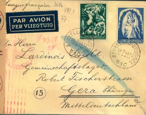 1944, Luftpostbrief aus BRÜSSEL, Belgien in das "Gemeinschaftslager Robert Fischerstrasse" in Gera mit OKW-Zensur