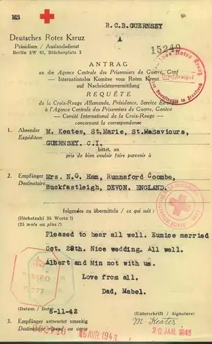 1943, GUERNSEY, Antrag auf Nachrichtenvermittlung von Guernsey nach Devon, Englad Selten