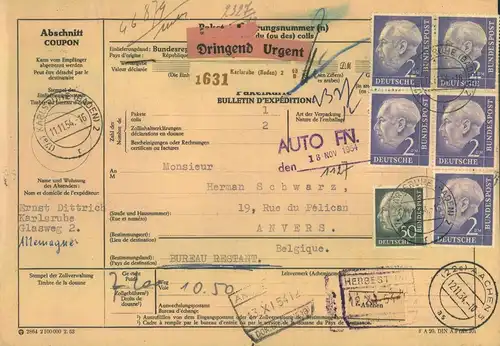 1954, 2 DM Heuss im Viererblock mit Zusatz auf Paketkarte ab KARLSRUHE nach Anvers, Belgien