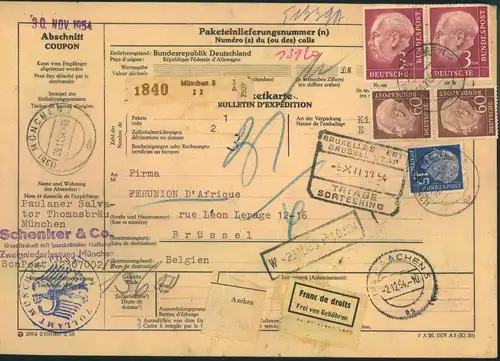 1954, 3 DM Heuss im waagerechten Paar mit Zusatz auf Paketkarte ab MÜNCHEN nach Brüssel