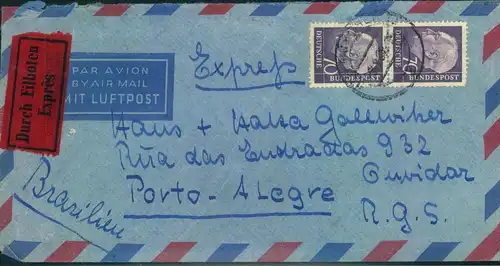 1962, 70 Pfg. Heuss II als Mehrfachfrankatur per Eilboten ab MÜNSINGEN nach Porot Allegre (Brasilien)