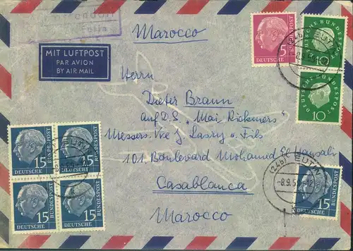 1959, 15 Pfg. Heuss I im Viererblock mit Zusatz auf Luftpost "(24b) EUTIN nach Casablanca