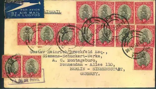 1937, airmail with massfranking 14 examples of 1 d from CAPE TOWN to Berlin