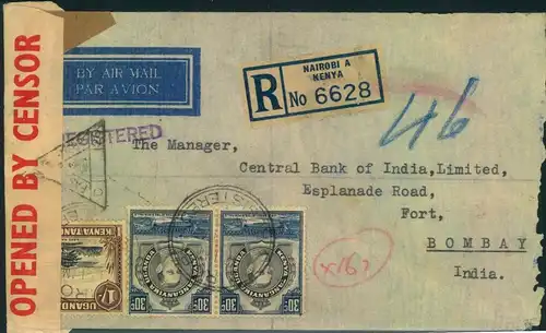 1942, registered letter from NAIROBI with censor strip and mark to Bombay