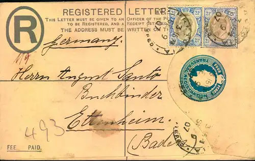 1907: registered stationery envelope with additional pair 2 1/2 d Edward VII from PRETORIA sent to Ettenheim, Baden.