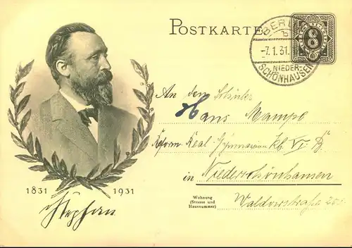 1931: 8 Pfg. Bildganzsache 100 Jahre Stephan mit Ersttagsstempel BERLIN NIEDER-SCHÖNHAUSEN 7.1.31