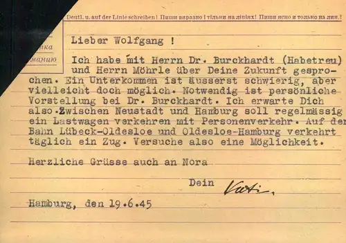 1945, Notganzsache ab "(24) HAMBURG 1 - 19.6.45" vor Wiedereröffnung des Postverkahrs der RPD Hamburg