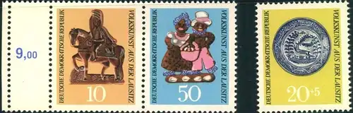 1969, Lausitzer Volkskunst, Zdr 10 und 50 Pfg. postfrisch mit Leefeld links und 20 Pfg.Einzelmarke