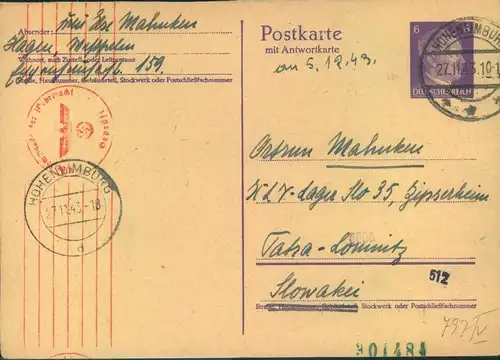 1943,6 Pfg. Frageteil zum "Eurpaporto" ins "KLV-LAGER Slo 35, Zipserheim in Tratra-Lomnitza, Slowakei