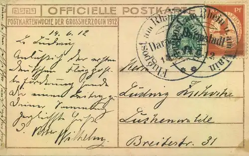 1912, FLUGPOST RHEIN - MAIN, 20 Pfg. aus AK "Grossherzogl. Familie" "Darmstadt 14.6.12"