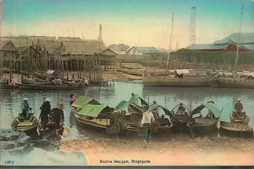 Picture card "Native Sampan, Singapore" sent with German shipmark and 10 Pfg. Germania to Hamburg