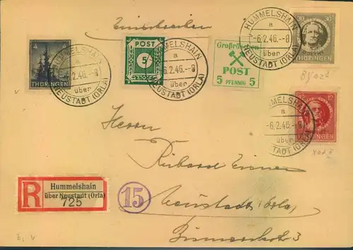 1946, Einschreiben ab HUMMELSHAIN über Neustadt (Orla) mit Thüringenmarken in besseren Papiersorten, geprüft
