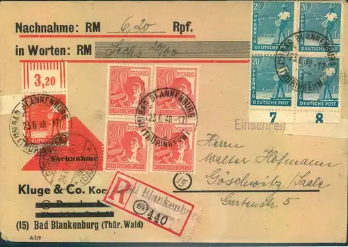 1948, R-NN-Rückscheinbrief mit seltener 208 Pfg. Frankatur ab "BLANKENBURG 23.6.48", letzter Tag zum alten RM-Tarif