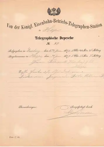 1874, Telegraphische Depesche von der Königl. Eisenbahn-Betriebs-Telegraphen-Station v. Duisburg nach Haspe