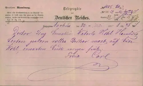 1874, Telegramm aus Aarhus (Dänemark) aufgenommen an der STATION HAMBURG