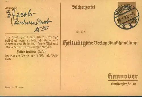 1929, bedarfsgebrauchte 3 Pfg. Privatganzsache "Helwingsche Buchhandlung in Hannover"