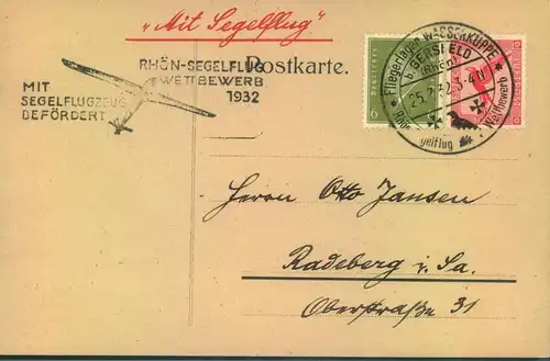 1932, Sonderkarte "RHÖN - SEGELFLUG WETTBEWERB, blanko mit Sonderstempel