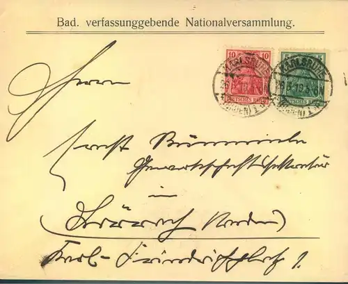 1919, Brief, Absender "Badische verfassunggebende Nationalversammlung" ab "KAURLSRUHE 26.3.19"