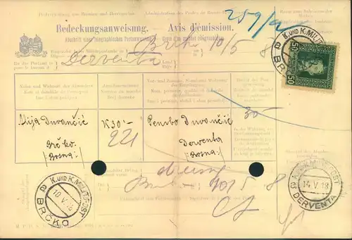 1916, Postanweisung über 30 Kr. ab "K und K Militäpost BRCKO" mit 50 H Militärpostmarke nach DERVENTA"
