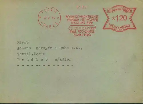 1941, Brief mit Absenderfreistempel "Böhmischmährischer Verband für Hopfen, Malz und Bier"