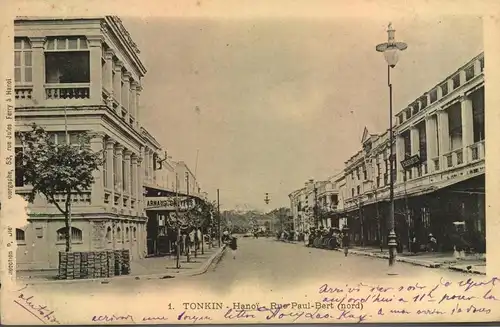 1905, picture card showing "Tonkin Hanoi - Rue Paul-Bert" sent to Saigon