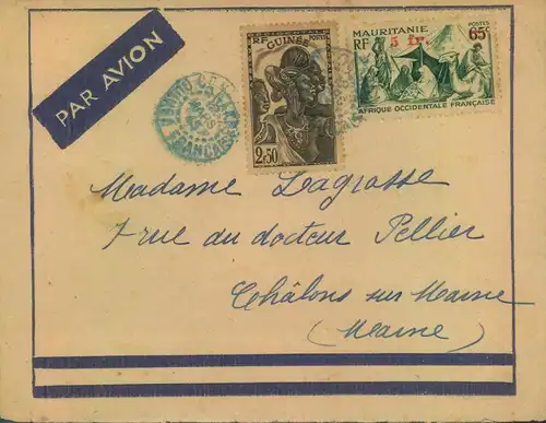 1944, airmail with mixed franking Guieé aud Mauretainie to France