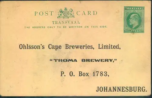 1902 (ca.), beer order card "Ohlsson' s Cape Breweries, Ltd:2 Johannesburg