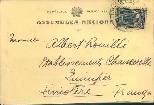 1935, cover with "ASSEMBLEA NACIONAL" imprint from LISBOA to Guimper, France