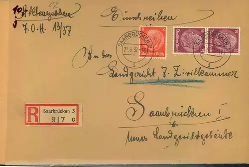 1937, Orts-R-Brief ab SAARBRÜCKEN 3