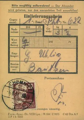 1951, 20 Pfg. Köpfe I in besserer Farbe auf Einlieferungsschein "CHEMNITZ 6.3.51"
