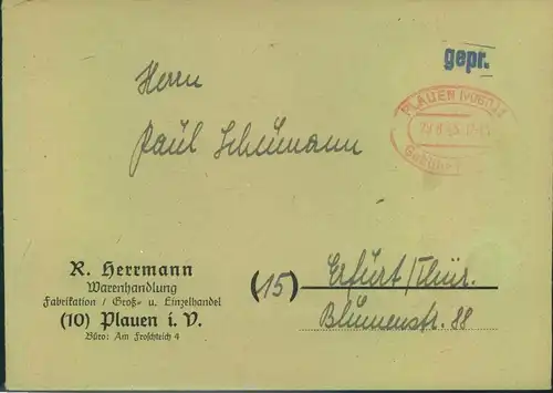 1945, "PLAUEN (VOGTL:) 1 Gebühr bezahlt 29.8.45" auf Fernbrief mit lokaler Zensur "gepr."