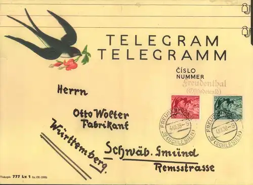 1938, dekorativer Tschechischer Telegrammumschlag mit Sudetenland-Ausgabe "FREUDENTHAL (SCHLESIEN) 4.XII.38"