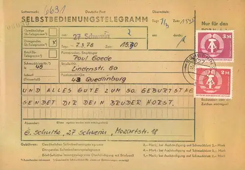 1978, SELBSTBEDIENUNGSTELEGRAMM ab SCHWERIN, frankiert mit 2 und 3 M Wappen - Selten