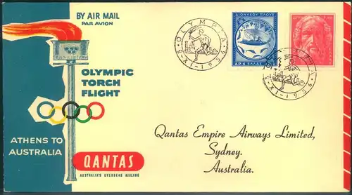 1956, Olympic torch flight mit Sonderstempel "OLYMPIA" nach Sydney