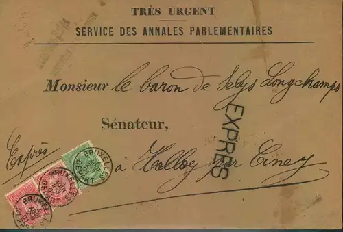 1901, express letter, "BRUXELLES DEPART" to "Senateur Baron de Selys Longchamps