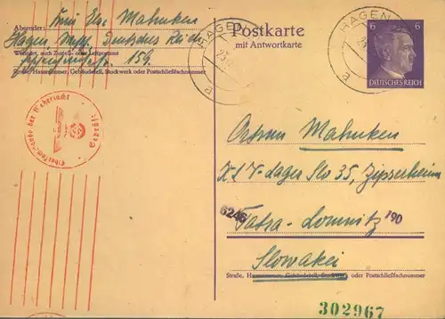 1943,Fragekarte aus "HAGEN WESTF." in das KLV-Lager No. 35 in Tatra Lomnitza, Slowakei
