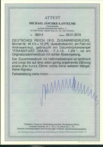 1912, Zusammendruck 10 Pfg. Germania ("b")/Andreaskreuz mit Randleiste gestempelt Fotoattest Jäschke-Lantelme