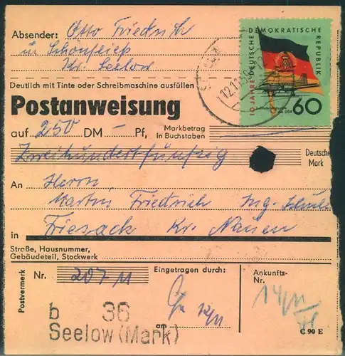 1959, Postanweisung ab "SEELOW (MARK)" mit 60 Pfg. "10 jahre DDR"