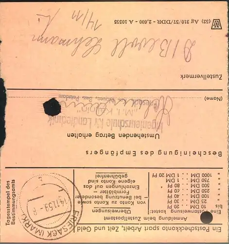 1959, Postanweisung ab "SEELOW (MARK)" mit 60 Pfg. "10 jahre DDR"