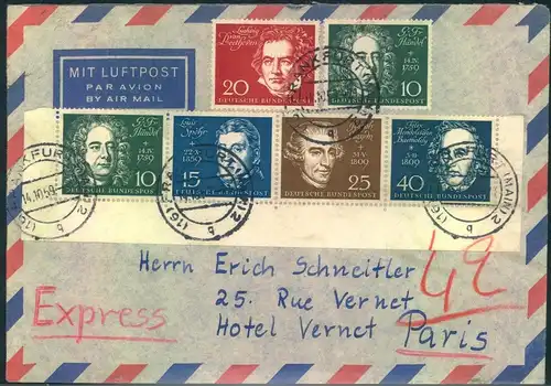 1959, 6 Werte aus Beethoven-Block auf Luftpostbrief ab FRANKFURT (MAIN) nach Paris