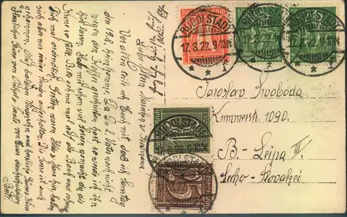 1922, Postkarte ab "RUDOLSTADT" mit seltenem Sondertarif 2,75 Mark nach Böhmisch-Leipa CSR